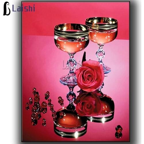 Diamond Paintings Full Round Square Embroidery Picture Mosaic Wine Glass Red rose, romantic atmosphere Cross Stitch Kits Decor