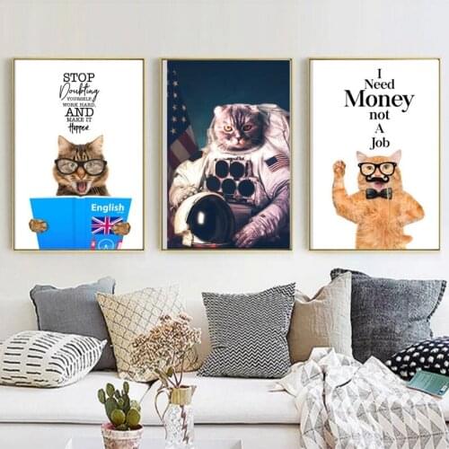 Nordic Style Canvas Pictures Wall Art Funny Cat Animal Letters Modular Painting Modern Home Decoration Print Poster for Room