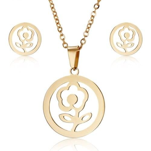 Fashion Stainless Steel Necklace Sets Womens Gift Rose Flower Necklace Earrings Jewelry Sets For Women Wedding Gifts