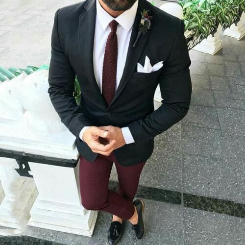 Black Suits with Burgundy Pants Classic Wedding Suits for Men Custom Groom Tuxedo Groomsmen Blazer Slim Fit Costume Homme 2Piece