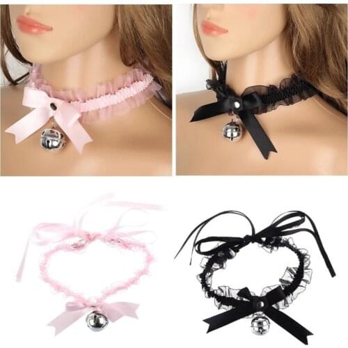 Lace Choker with Bell Kitten Sweet Cute Gothic Choker Detachable Cosplay Party Adjustable Jewelry Black Pink White