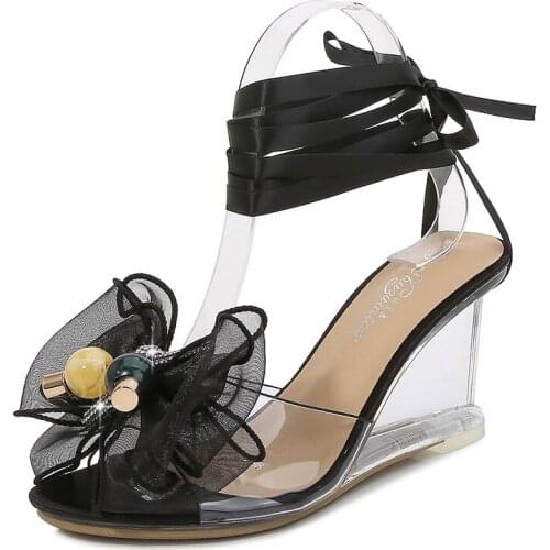 Summer Transparent Crystal Wedge Heel Pumps Lace Up Two-wear Women Sweet Open Toe Party High Heels Lady Flower Simple Sandals