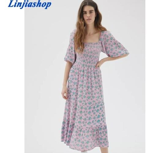 Fashion Women Blue Floral Long Dress Lantern Sleeve Female Sexy Rear Back Cross Bandage Midi Dress Vestidos