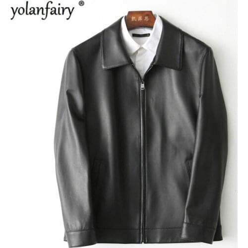 Genuine Leather Jacket Men 2020 Sheepskin Leather Coats Mens Leather Jacket Shirt Collar Short Coat High Quality KFS180196-1