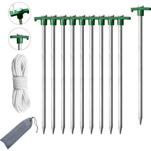 Galvanized Non-Rust Camping Family Tent Pop Up Tent Stakes Heavy Duty 10pc-Pack, with 4x10ft Ropes & 1 Bag