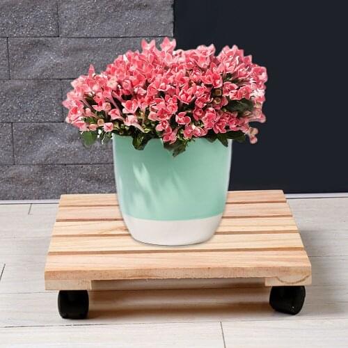 Rustic Slatted Movable Rolling Wood Coaster Planter Caddies Flower Pot Stand Garden Plant Stand 25x25cm
