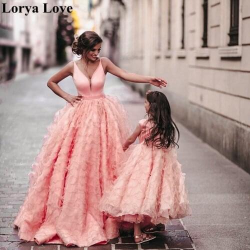 Pink Ball Gown Prom Dresses 2020 Mother And Daughter Evening Dress Tulle Formal Party Sleeveless Ruffles Elegant Vestido Fiesta