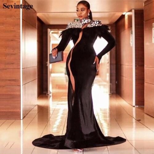 Sevintage Long Sleeve Mermaid Celebrity Dress Crystal Feather Velvet Red Carpet Dresses High Neck AMVCA 2020 Evening Gowns