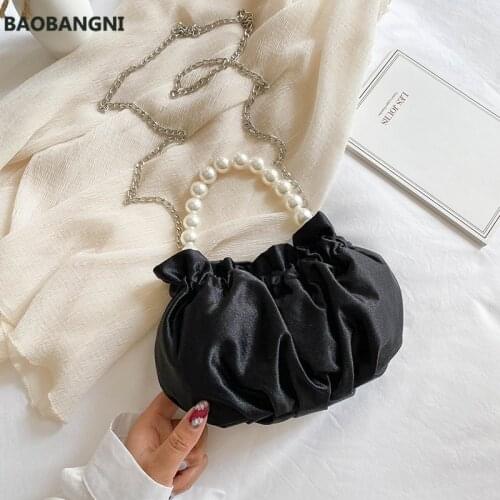 Handbags Women Pearl Tote Bag Chain Messenger Bag Shoulder Bags Satin Soft Pleated Ladies Blue Silk Bags
