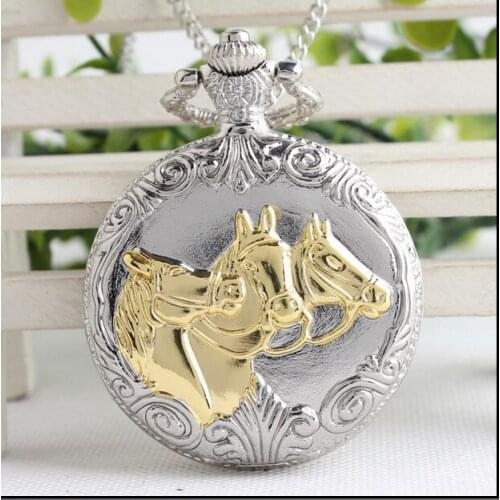 Vintage Silver gold Horses Pocket Watch Necklace, 10pcs/lot, free ship, 4.5cm, Pk5874