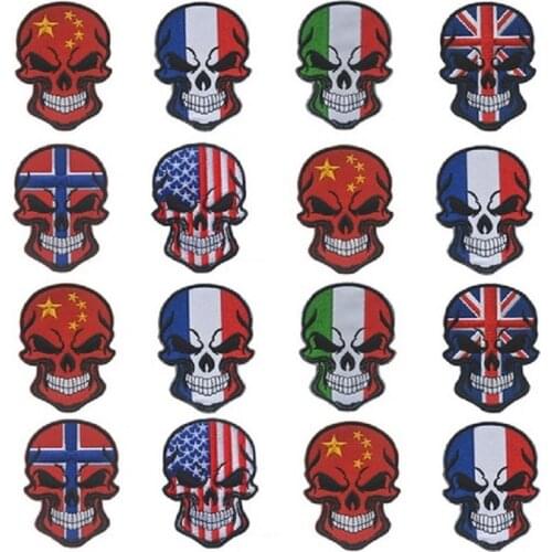 Halloween High Quality Skull Flag Patches France/Italy/Britain/Canada/Turkey/Israel/Norway/Russia/USA flag Embroidery Patches