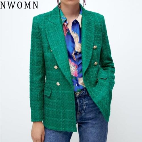 NWOMN Za Green Jacket Women Textured Long Sleeve Blazer Woman Double Breasted Tweed Button Jackets Spring Autumn Office Suit