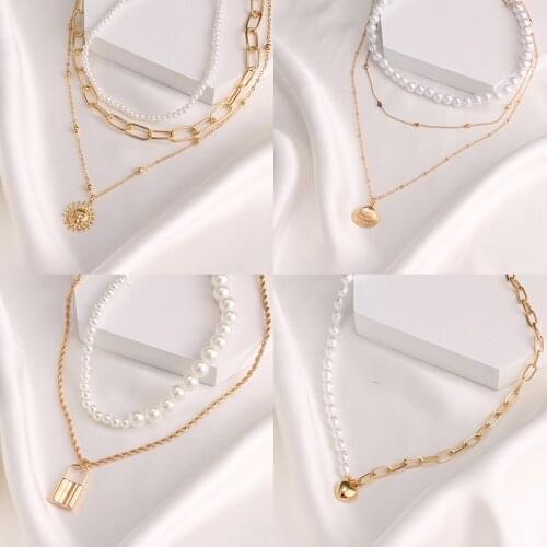 DAXI Bohemian Gold Color Necklace For Women Layered Pearl Pendants Necklaces Snake Chain 2021 New Design Fashion Jewelry Gift
