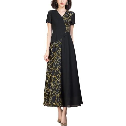 Summer Lady Patchwork Chic Print Casual Dress Chiffon V Collar Maxi Skirt For Women