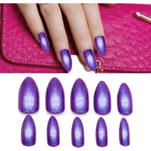 12pc/set Fake Nails With Glue Shining Glitter Stiletto Fake Nails Pointed Bling Purple Glitter Artifical Full Cover Nail Tips
