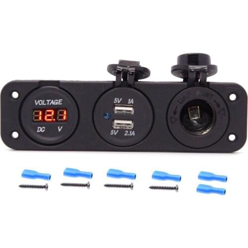 12V-24V Triple Function Dual USB Charger + Red LED Voltmeter + 12V Outlet Socket Panel Jack Marine for Digital Devices Mobile Ph