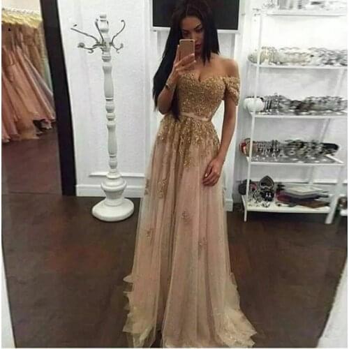 ANGELSBRIDEP Sweetheart Long Evening Party Dresses Vestidos de festa Sexy Gold Applique Floor-Length Tulle Formal Prom Dresses