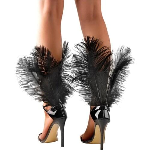 Woman Summer Sandals Performance Black Detachable Feather High Heels Slip-On Stilettos Ladies Shoes Party Dress Prom BigSize