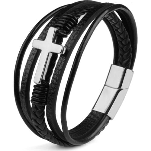 Cross Genuine Leather Bracelet Stainless Steel Magnetic Clasp Multilayer Charm Punk Style Bracelets Gifts For Male