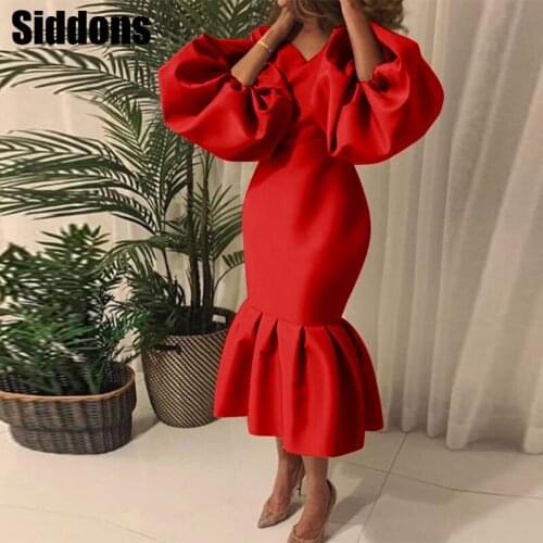 Elegant Women Puff Sleeve Bodycon Elegant Dress OL Eveing Party Midi Dress Robes Office Lady V Neck Autumn Pleated Bodycon Dress