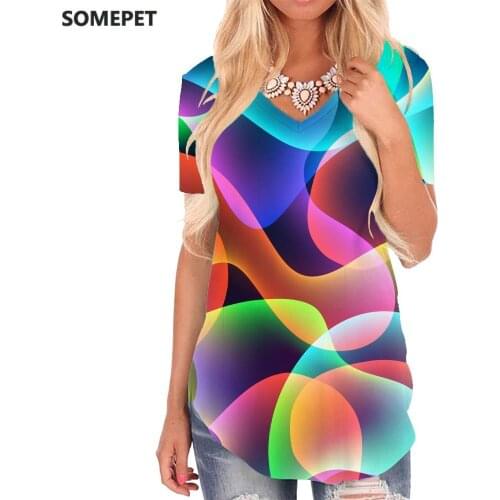 SOMEPET Colorful T Shirt Women Abstract Shirt Print Graphics Funny T shirts Art V-neck Tshirt Womens Clothing Summer Casual Tops