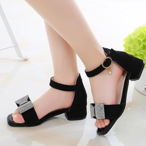 Girls Rhinestone Bow High-Heeled Sandals Princess Dancing Summer Pu Leather Shoe Big Girl 3 4 5 6 7 8 9 10 11 12 Year Old