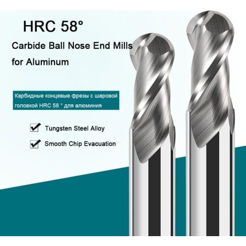 HRC58 Carbide Ball Nose End Mills Tungsten CNC Router Bit Milling ToolS R0.5 6mm 8mm 10mm 2 Flutes Milling Cutter for Aluminum