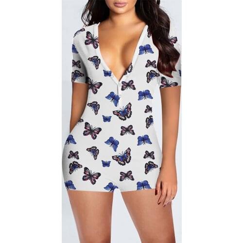 40# Comfortable Jumpsuits Womens Fashion Butterfly Print Back Flip-back Button Home Flap Adults Casual Jumpsuit Женская Одежда