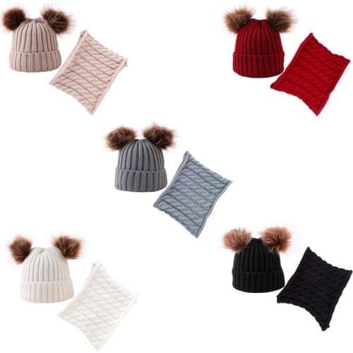 2Pcs Winter Baby Hat Scarf Suit Warm Knitted Wool Hemming Hat for Girls Boys 0-2 Years Kids Beanie