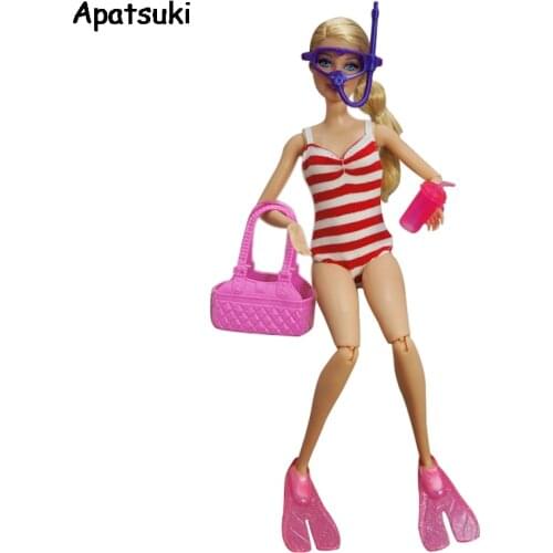 Pink Swimming Outfits For Barbie Clothes Set For Barbie Doll Bikini Shoes Respirator Cup Bag 1/6 Dolls Accessories Kids Toys