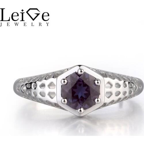 Leige Jewelry Lab Alexandrite Color Changed Gemstone Round Cut Prong Wedding Bands Anniversary Hollow Rings For Woman