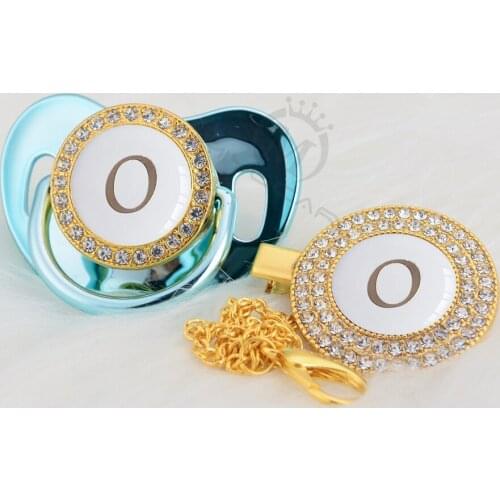 MIYOCAR name Initial letter O white silver bling pacifier and pacifier clip BPA free dummy bling unique design LO-W