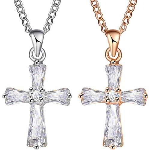 Fashion Rose Color Cross Pendant Necklaces For Woman Crystal Pendant Cubic Zirconia Long Necklace Jewelry Wholesale