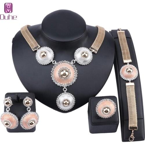 African Jewelry Sets Round Crystal Necklace Bracelet Dubai Gold Jewelry Set for Women Wedding Party Bridal Earring Ring Jewelry