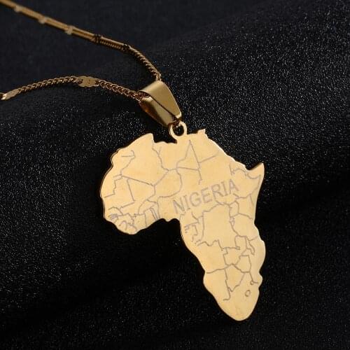 Stainless Steel Africa Map with Nigeria Pendant Necklaces Gold Color African Maps Fashion Jewellery