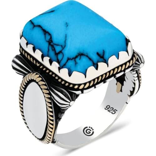 Solid 925 Sterling Silver Ring with Raw Square Blue Turquoise Gemstone and Vintage Style Made in Turkey Gift for Men