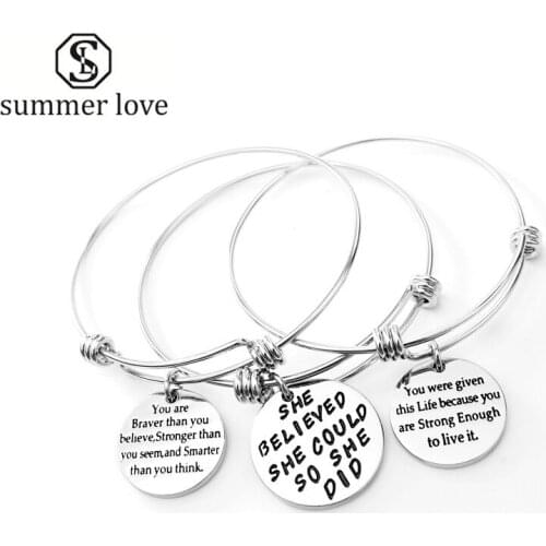 She believed she could so she did bracelet steel inspirational bracelets wire charm femme expandable bangle love jewelry