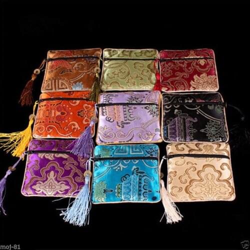 Wholesale 10PCS Mix Colors Chinese Zipper Coin Tassel Silk Square Jewelry Bags Pouches