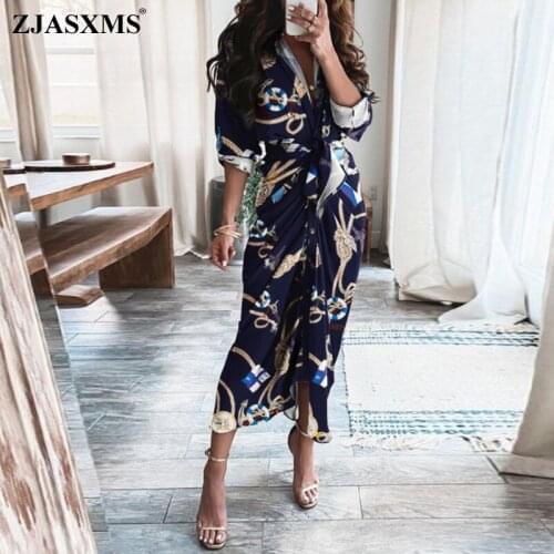 Autumn Turn-down Collar Button Slit Boho Dress 2021 Spring Chain Print Lace-up Belted Long Dress Women Draped Slim Bodycon Derss