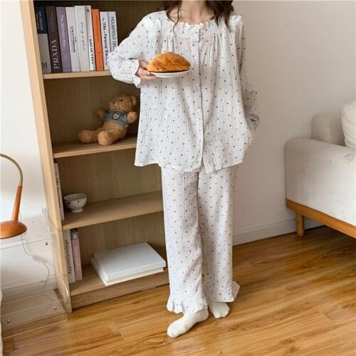 Autumn winter pajama set women homewear cotton soft plaid cherry print long sleeve home clothes sleepwear lacework ruffles L369