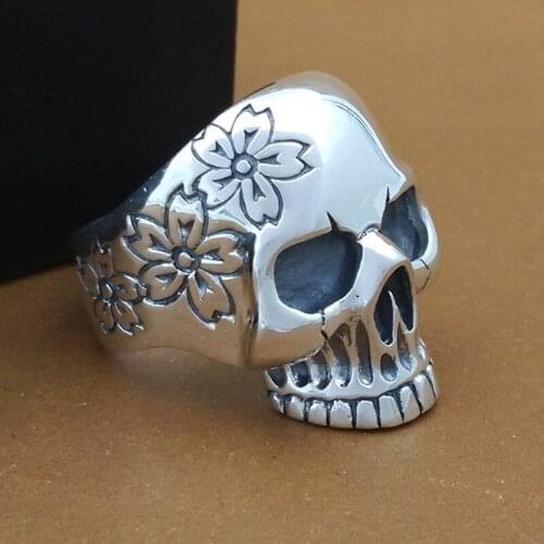 S925 Sterling Silver Jewelry Handmade Retro Thai Silver Personalized Ring Men 's Sakura Skeleton Ring