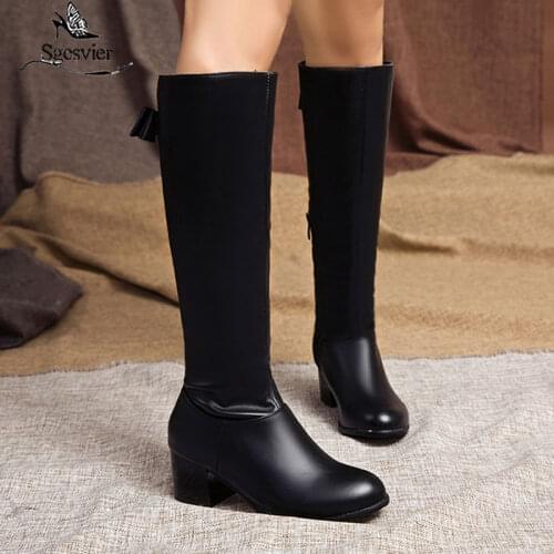 Sgesvier Black Brown White Knee High Boots for Women Long Winter Boots Women Shoes Thick Heel Round Toe Boots Plus Size 33-50