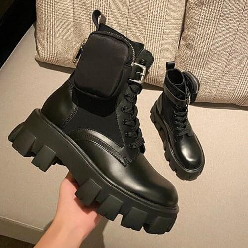 Chic Small purse riding boots women platform shoes muffins stretch fabric short lace up botas thicken soled motorcycle boots2020