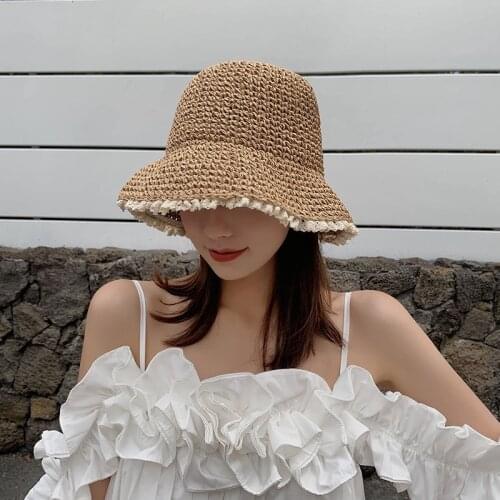 2021 Summer Simple solid color Handmade Weave Straw Sun Hats For Women Lace Up Large Brim Straw Hat Outdoor Beach Summer Caps