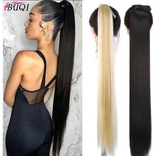 BUQI 31-Inch Synthetic Long Straight Ponytail Hair Heat-Resistant Ponytail Fake Hair Chip-in Hair Extensions Pony Tail
