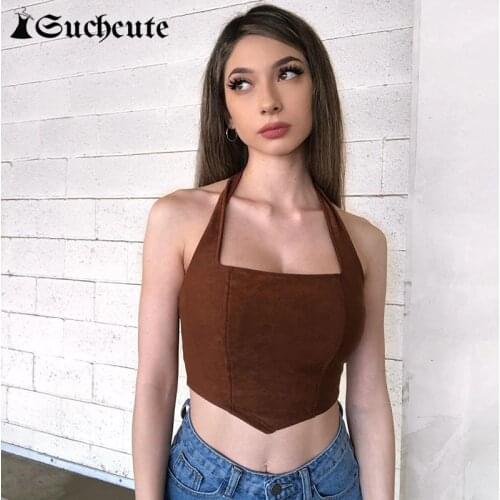 SUCHCUTE Brown Women Cropped Tops Vintage Harajuku Casual Sleeveless Tank Top Sexy Aesthetic Backless Kawaii Camisole Outfits