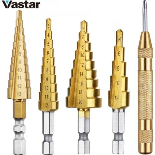Vastar HSS Steel Titanium Step Core Drill Bits 3-12mm 4-12mm 4-20mm Step Cone Woodworking Metal Drilling Bit Set