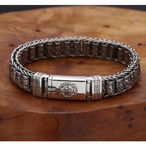 S925 Sterling Silver Vintage Six-character Tumbler Bracelet Men Women Thai silver Retro Exquisite Bucket Beads Bracelet Jewelry