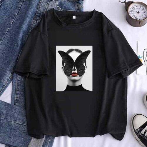 Lady Butterfly Women Print Black T-shirt Female Kawaii korea Graphic Tops Tee Girl Short Sleeve White Harajuku Clothes,Drop Ship