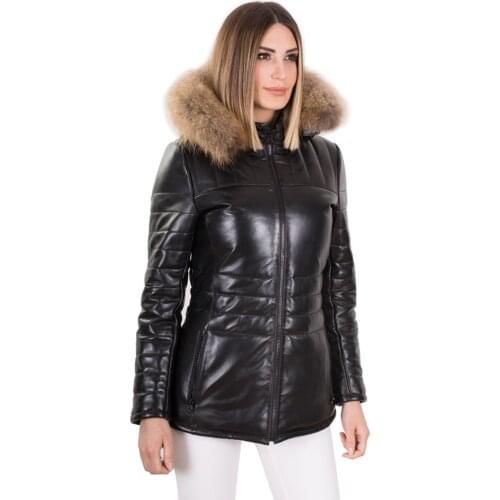 Women Collar Fur Leather Jacket Winter Black Color Waterproof Leather Jacket Genuine Sheepskin Long Coats Keeps Warm